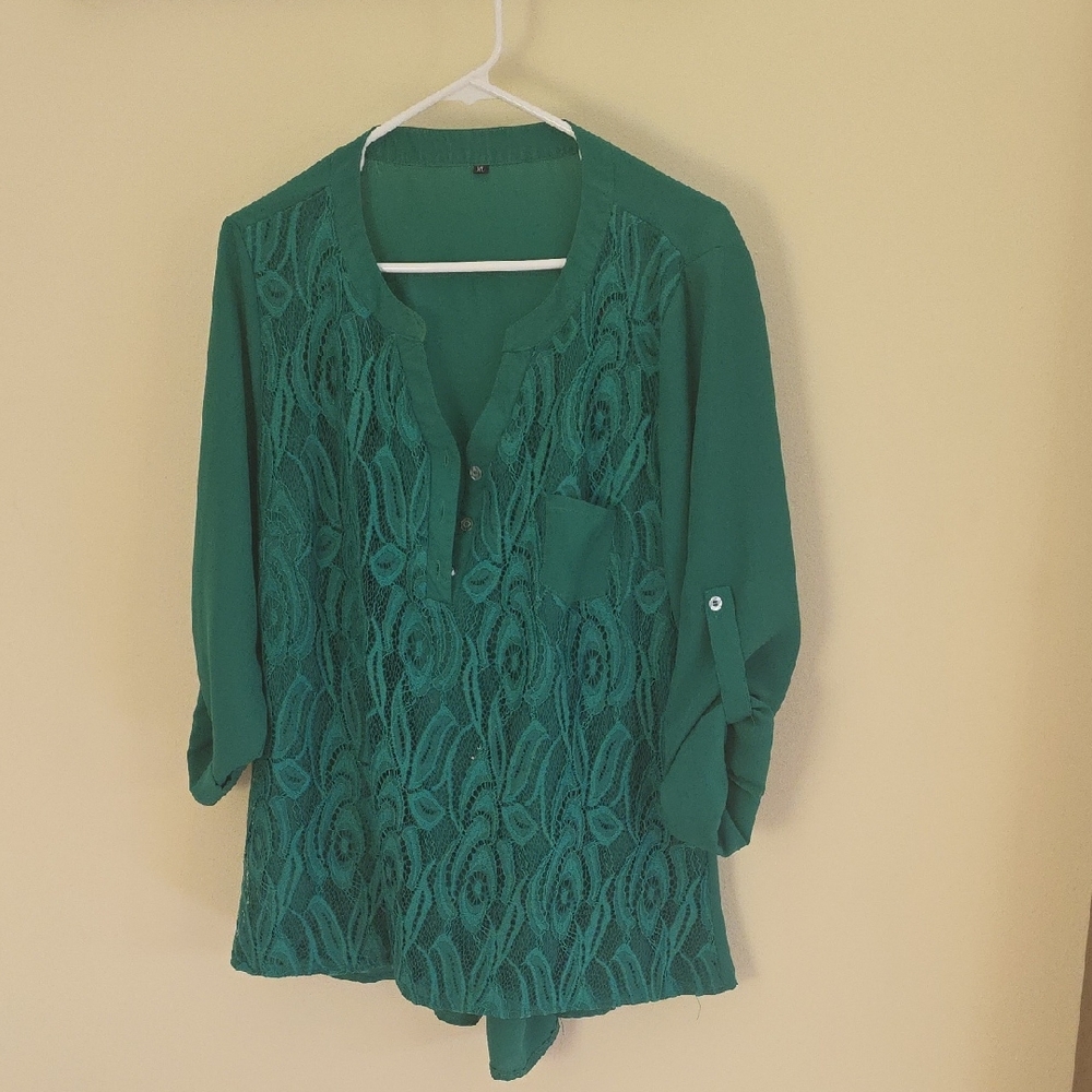 Source Unknown Green Graphic 3/4 Sleeve Blouse